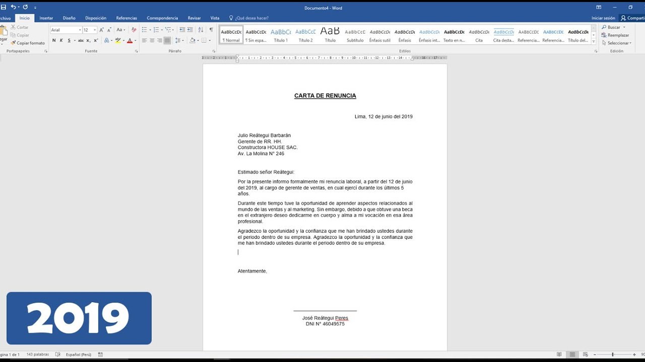 modelo de carta de renuncia en word